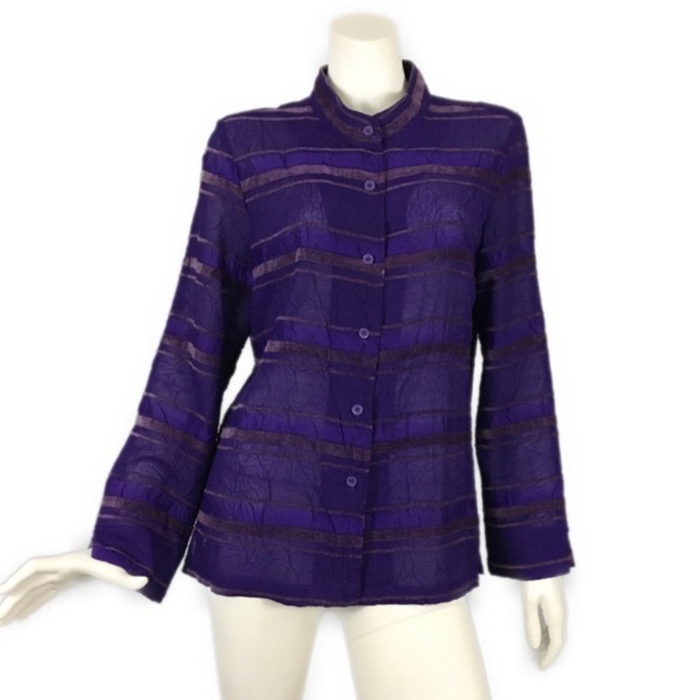 Analogy Royal Purple Shirt Top M Crinkle Velvet Sheer Woman’s Classy Dressy - Picture 1 of 9